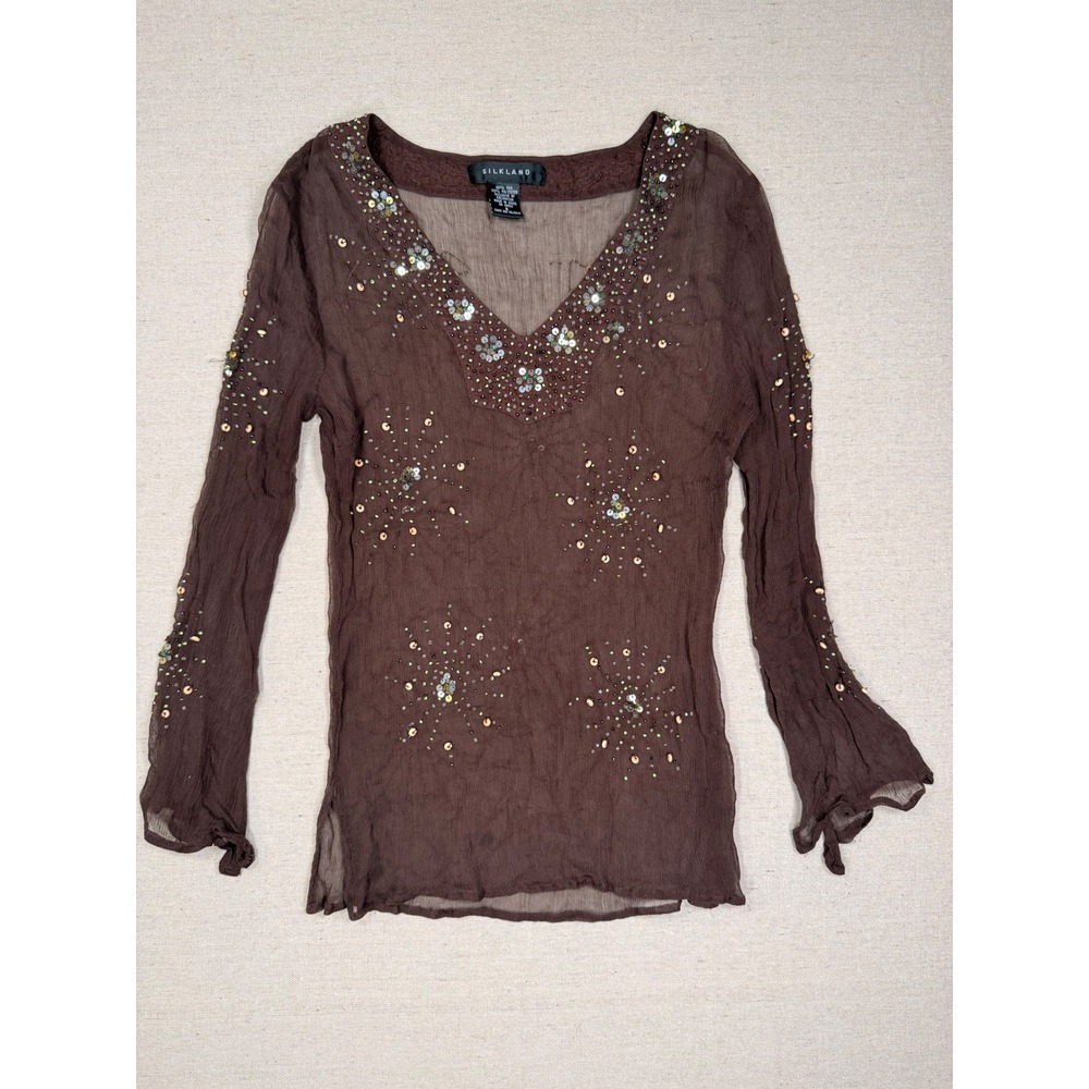Silkland Brown Silk Sequin Beaded V-Neck Blouse Long Bell Sleeve Sheer Top Small